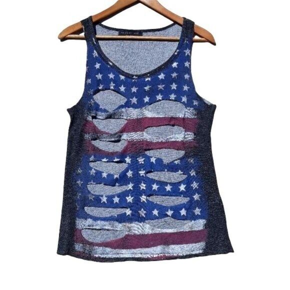 Tank Top M Destroyed Patriotic Flag Stars Distressed Cutouts Blue Red Thrashed - Picture 4 of 8
